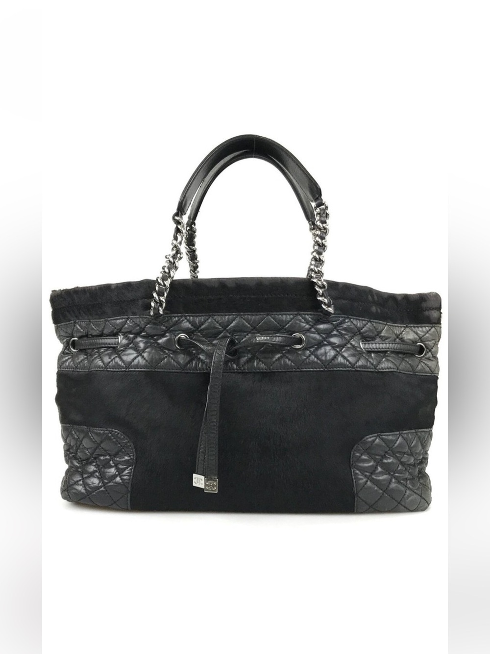 CHANEL Bag Handbag Matelasse Leather Fur Black Authentic purse